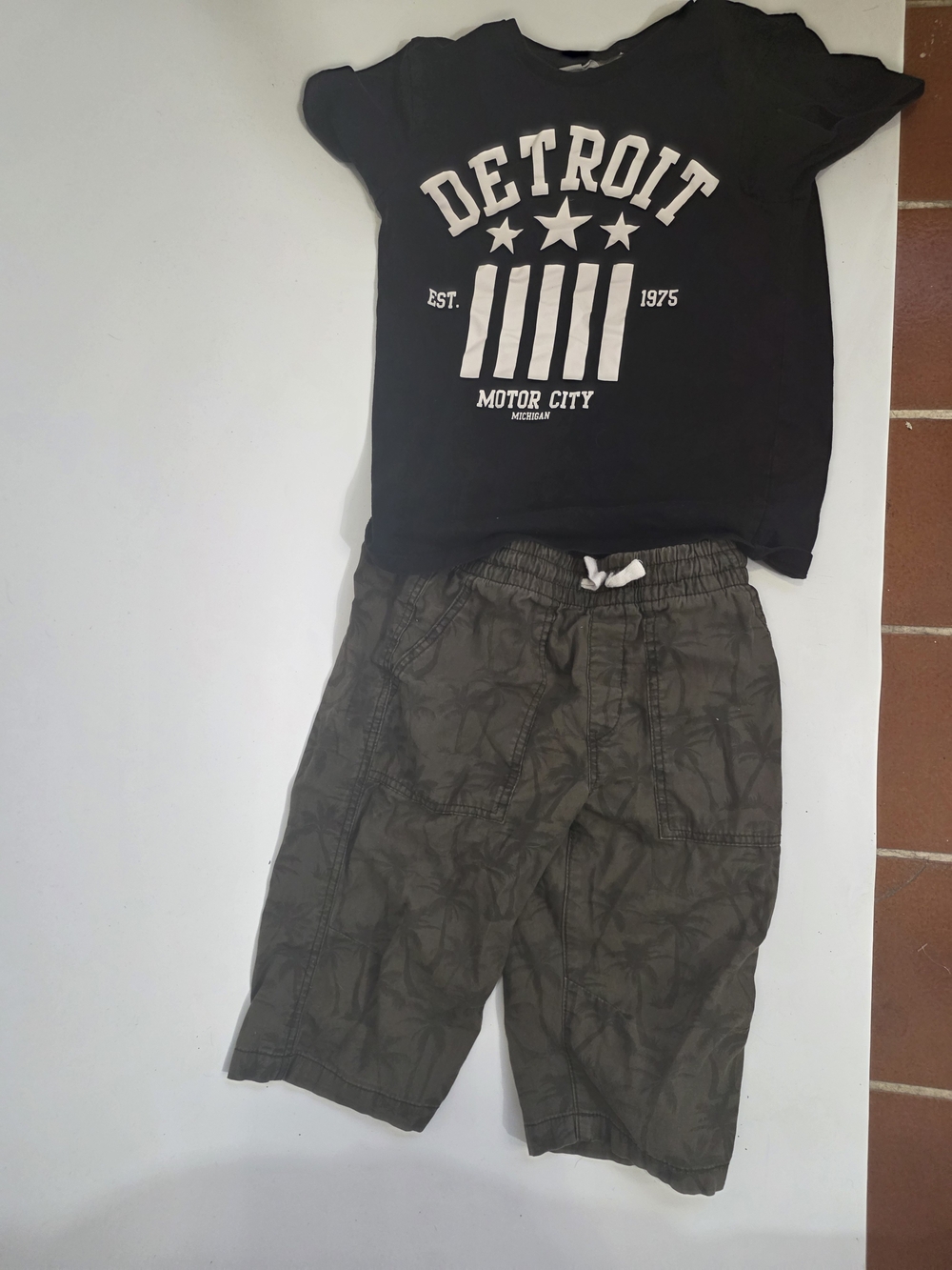 H&M Black Tee with White 'Detroit' Graphic and Olive Palm-Print Shorts